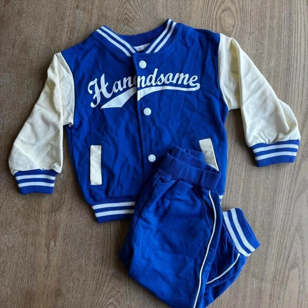 Blue Varsity Jacket Tracksuit 2 Piece Set Handsome Cool Boy Kids Size 1-2Y